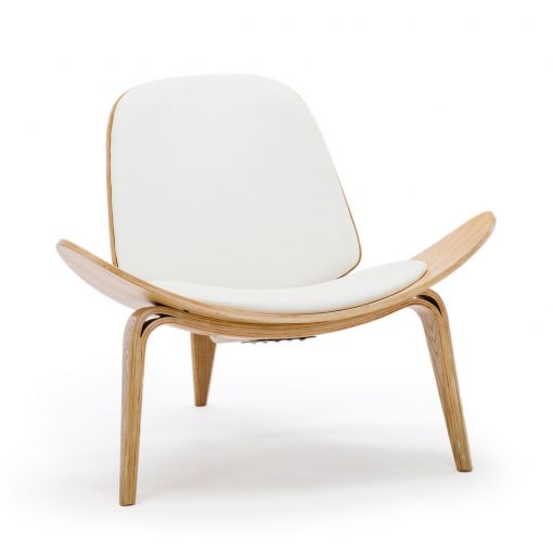 Replica Hans Wegner Shell Chair - White Top Layer Genuine Leather / Ash Wood